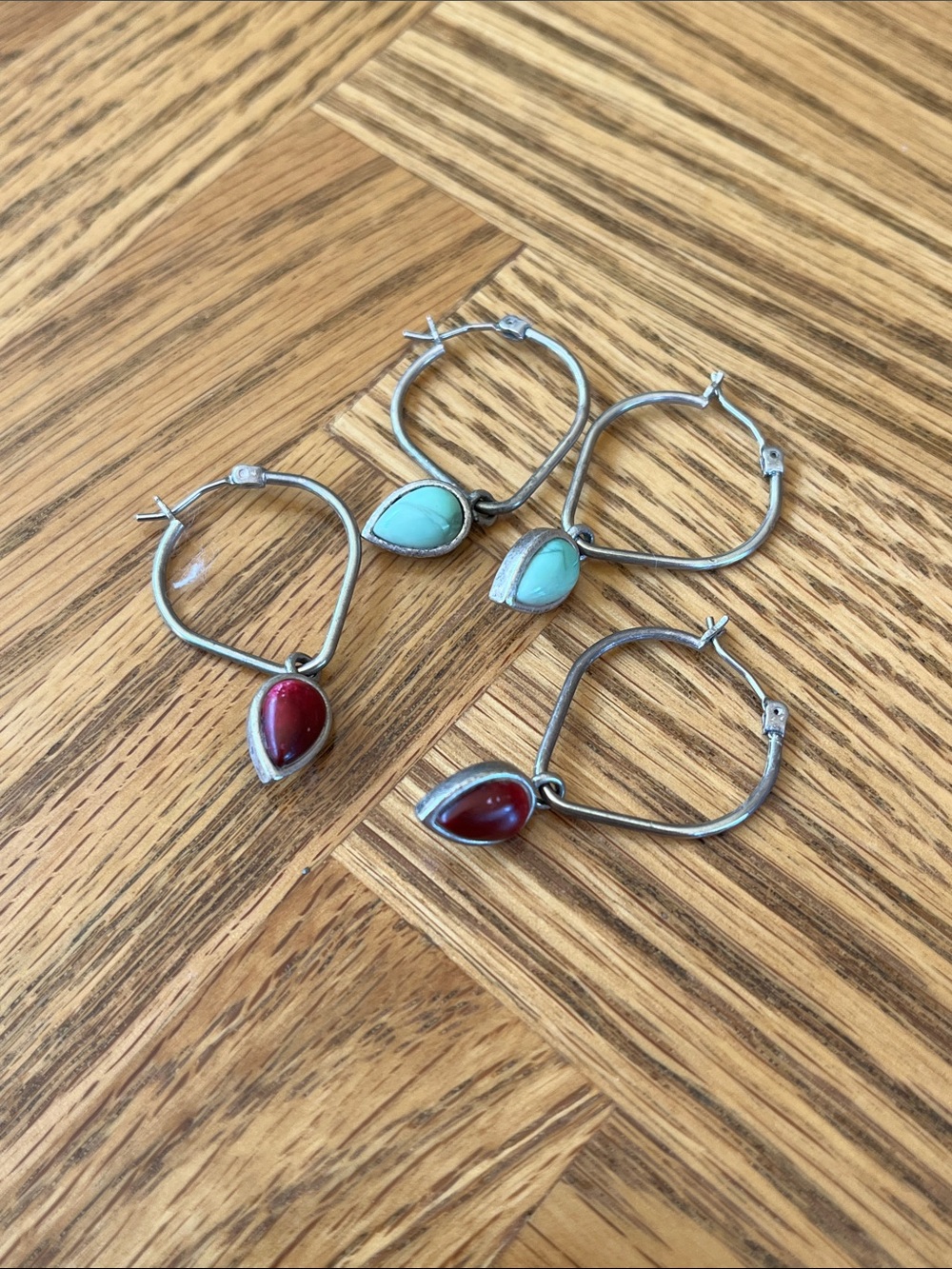 Lucky Brand Silver Hoop Earrings with Red and Turquoise Teardrops (2 pairs)